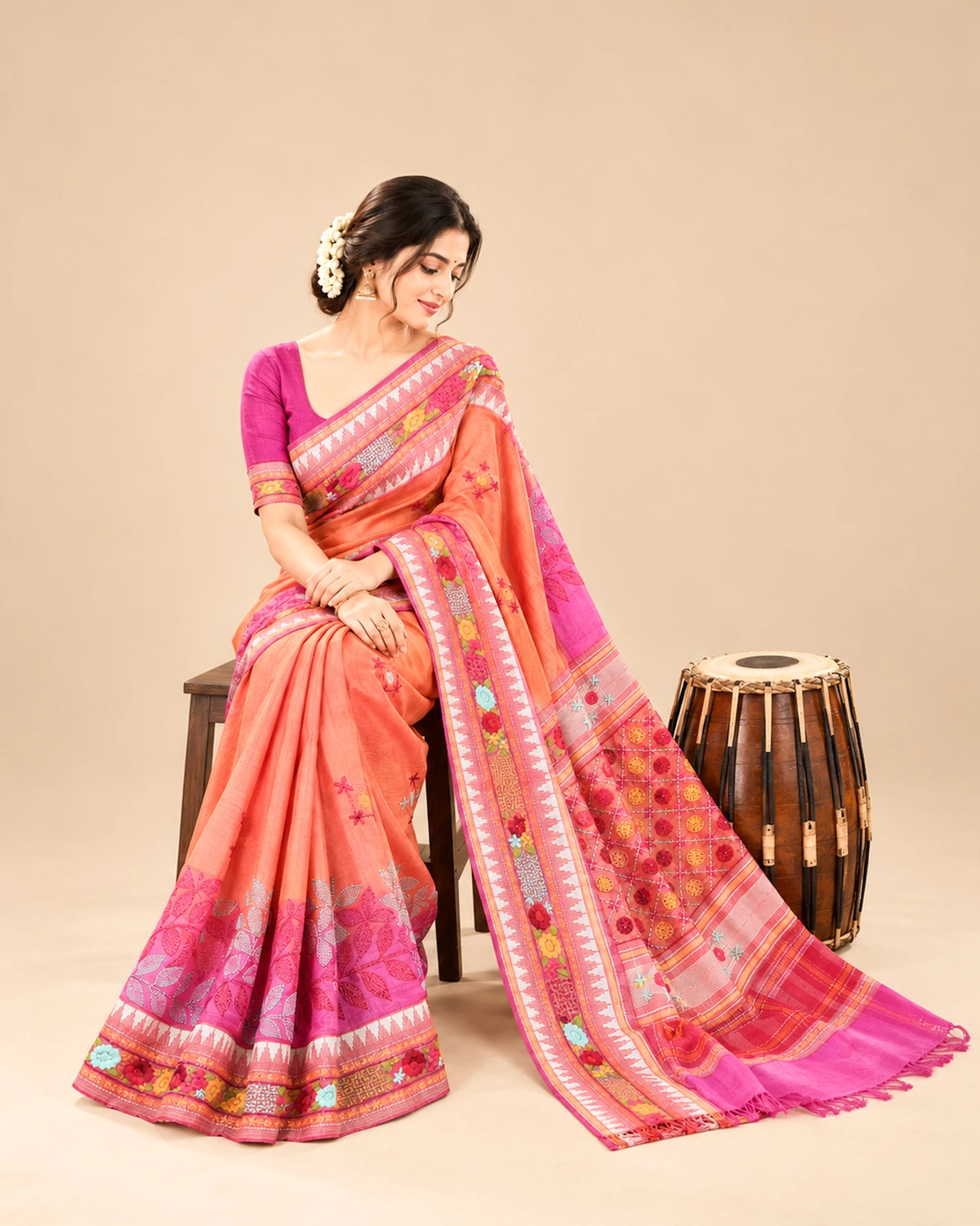 Orange Tussar Silk Saree
