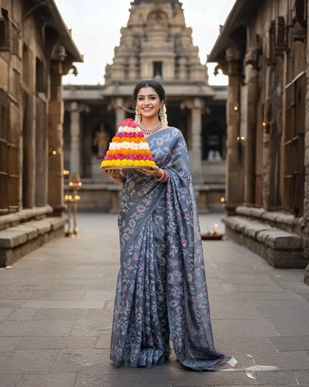 Grey Tussar Jamdhani Saree