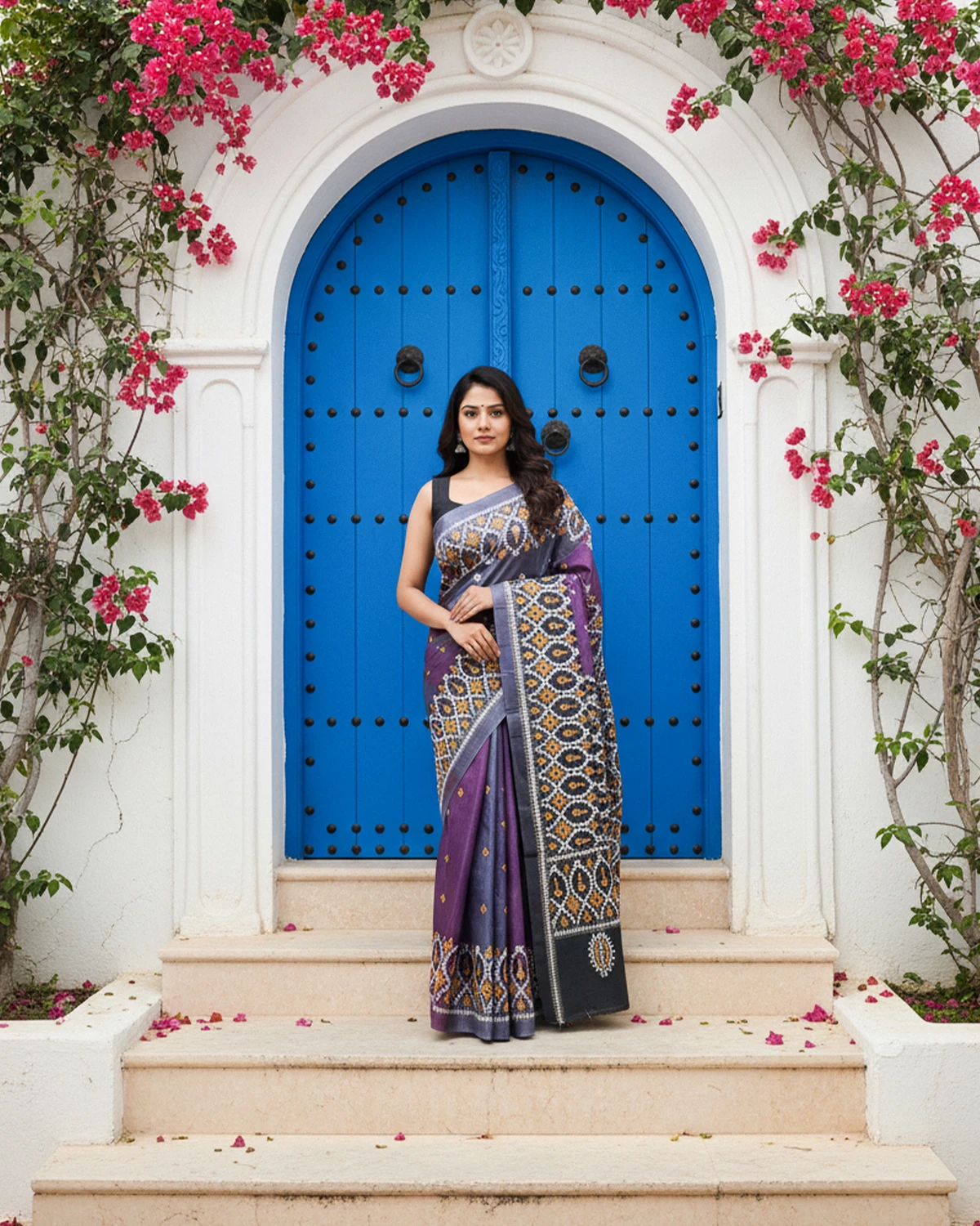 Gray & Violate Kachi Embroidery Saree