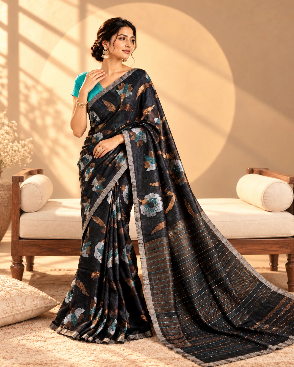 Charcoal Black Floral Print saree