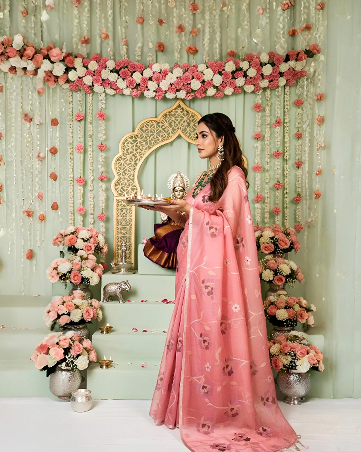 Pink Muslin Jamdhani Saree