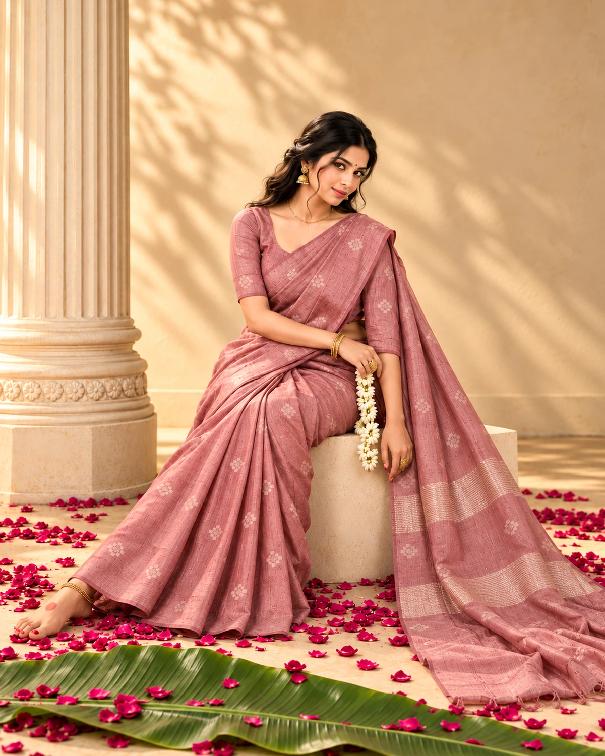 Peach Pink Tussar Silk Saree